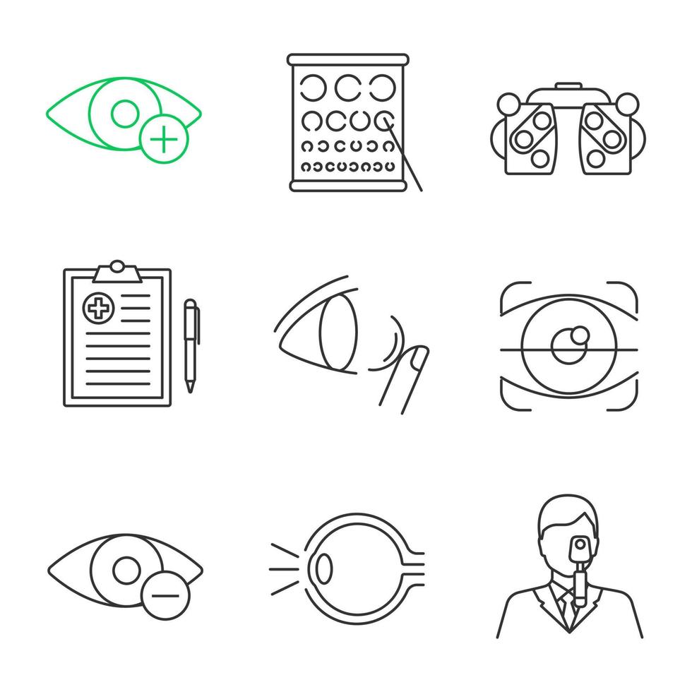 Ophtalmology linear icons set. Hyperopia, phoropter, medical report, contact lenses, retina scan, myopia, eye anatomy, ophthalmologist. Thin line contour symbols. Isolated vector outline illustrations