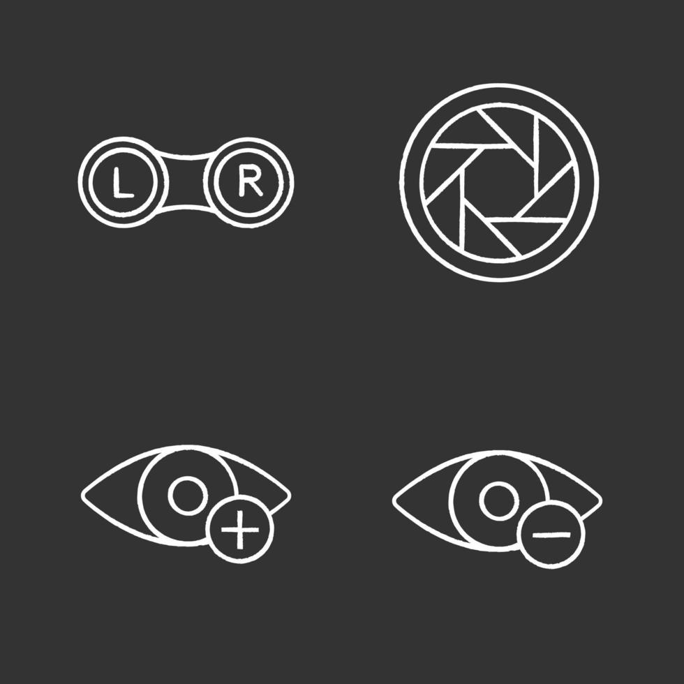 Ophthalmology chalk icons set. Contact lenses box, diaphragm, hyperopia, myopia. Isolated vector chalkboard illustrations