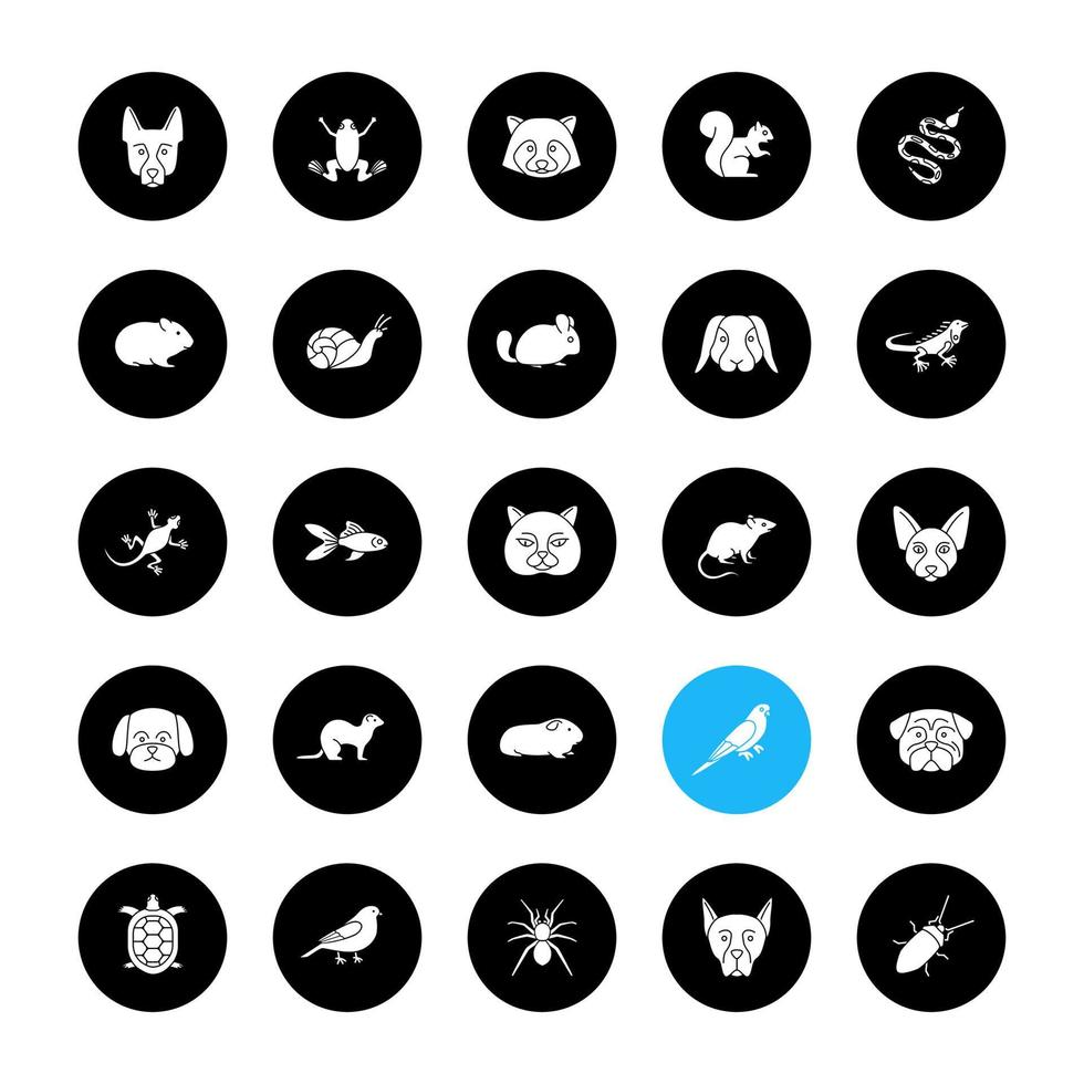 Pets glyph icons set. Exotic animals. Rodents, birds, reptiles, insects, dogs, cats. Vector white silhouettes illustrations in black circles