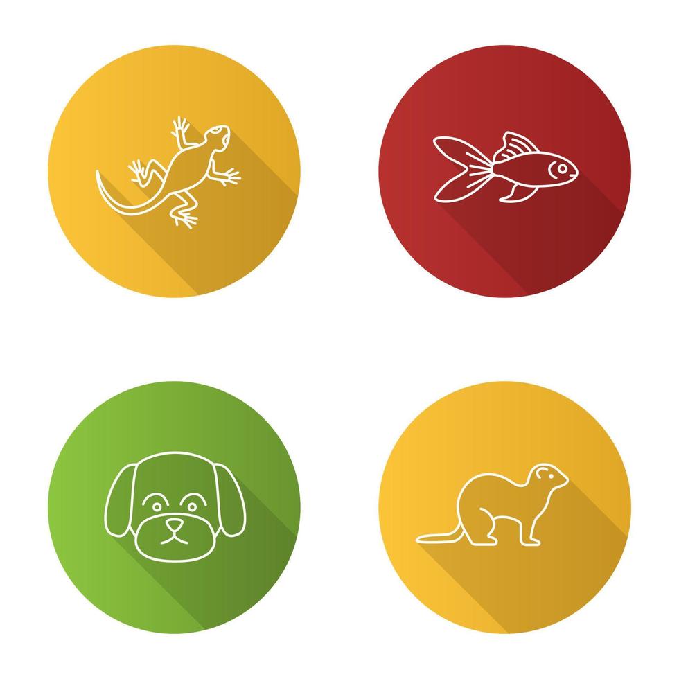 Conjunto de iconos de sombra larga lineal plana para mascotas. lagarto, pez dorado, perro maltés, hurón. ilustración de contorno vectorial vector