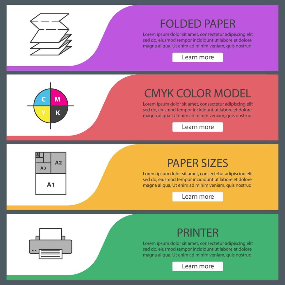 conjunto de plantillas de banner web de impresión. poligrafía y tipografía. papel doblado, modelo de color cmyk, tamaños de papel, impresora. elementos del menú de color del sitio web. conceptos de diseño de encabezados vectoriales vector