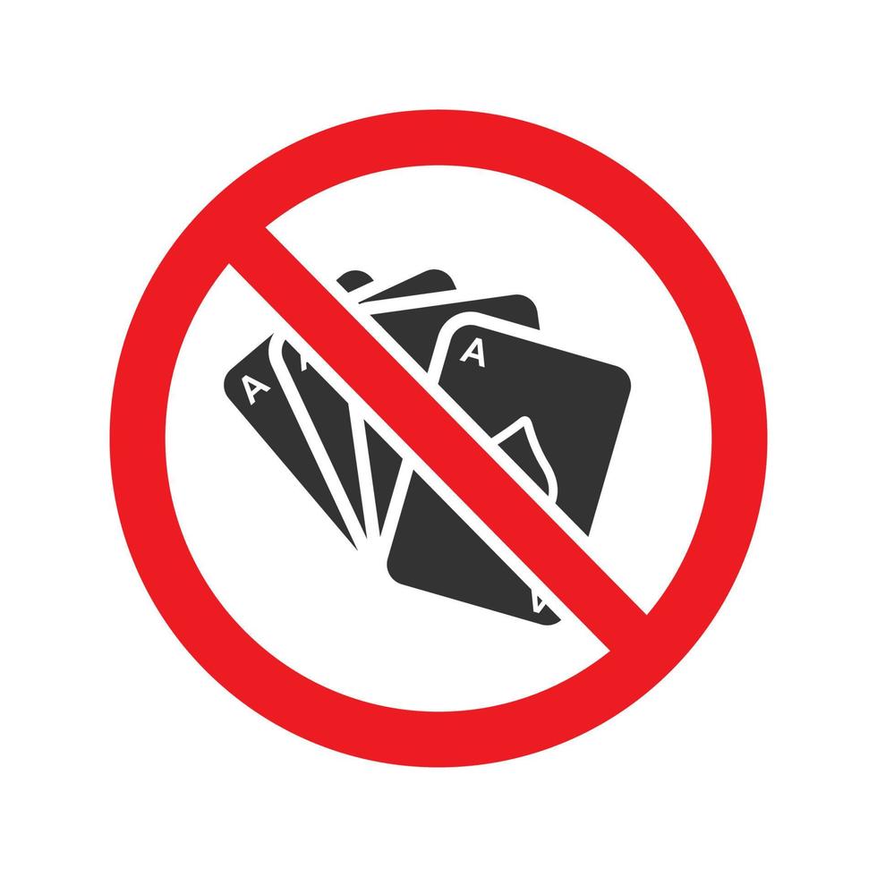 Forbidden sign with playing cards glyph icon. Stop silhouette symbol. No gambling prohibition. Negative space. Vector isolated illustration