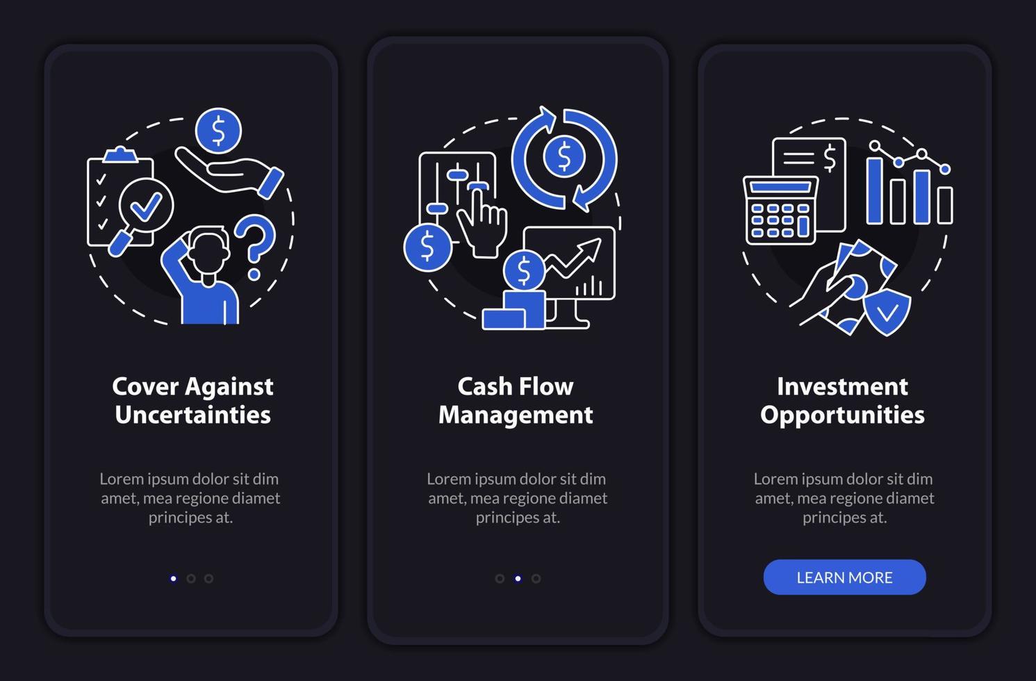 beneficios del servicio de seguro pantalla de la aplicación móvil de incorporación del modo nocturno. tutorial 3 pasos páginas de instrucciones gráficas con conceptos lineales. interfaz de usuario, ux, plantilla de interfaz gráfica de usuario. vector