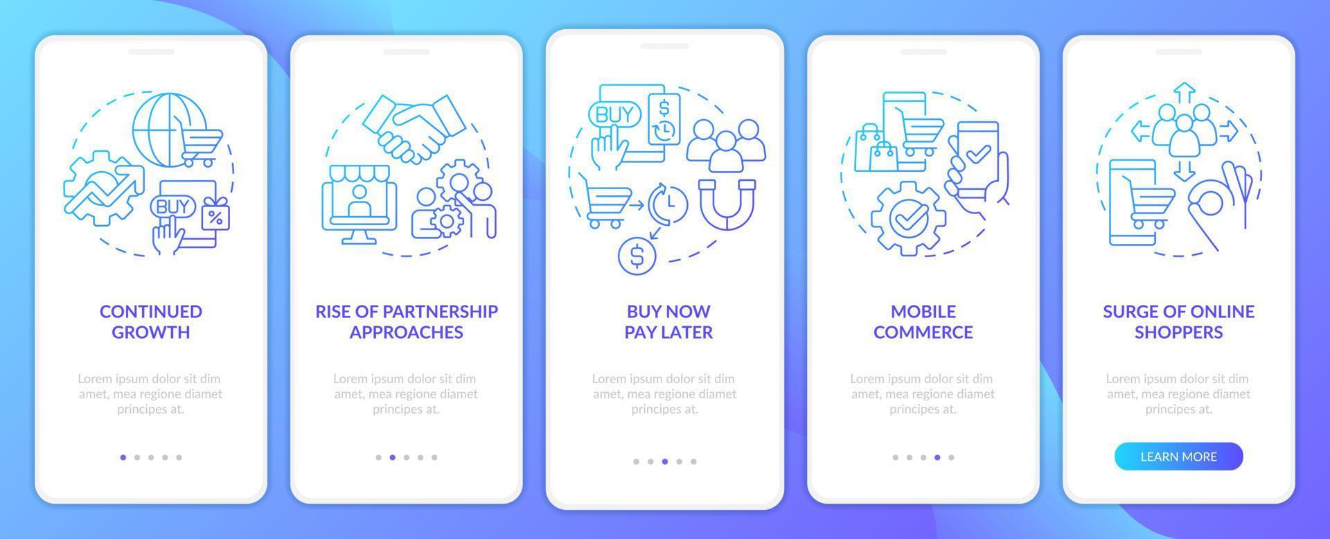 Retail strategy trends blue gradient onboarding mobile app screen. Walkthrough 5 steps graphic instructions pages with linear concepts. UI, UX, GUI template. vector