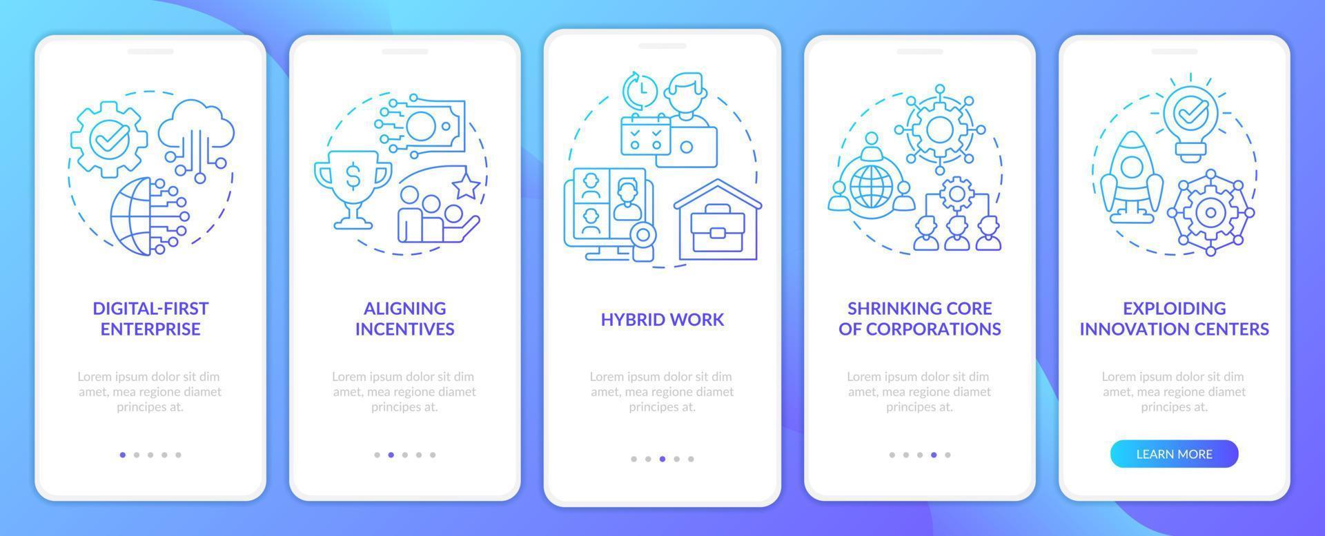 Trends in enterprise blue gradient onboarding mobile app screen. Walkthrough 5 steps graphic instructions pages with linear concepts. UI, UX, GUI template. vector