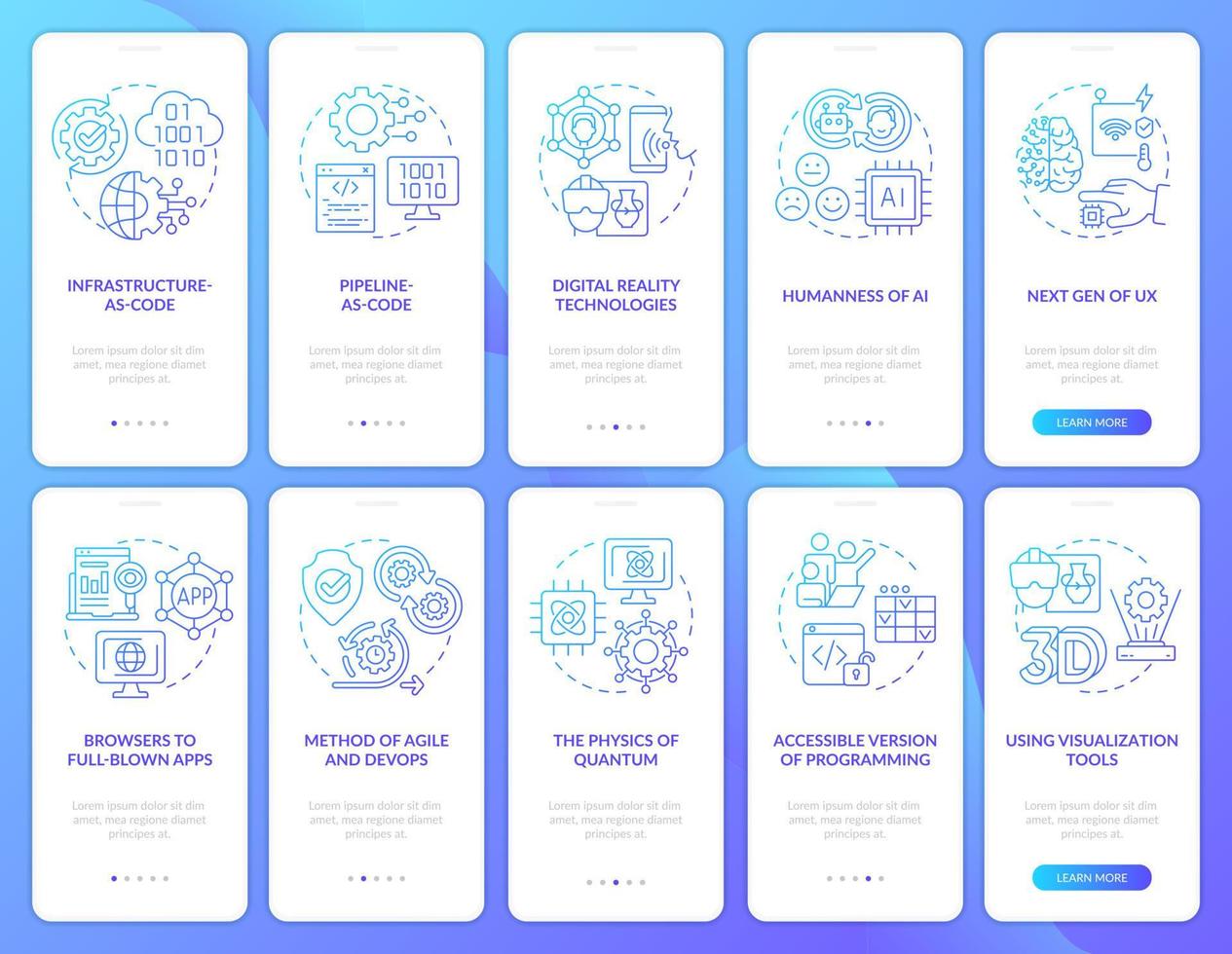 conjunto de pantalla de aplicación móvil de incorporación de degradado azul de tendencias macro. guía de tendencias 5 pasos páginas de instrucciones gráficas con conceptos lineales. interfaz de usuario, ux, plantilla de interfaz gráfica de usuario. vector