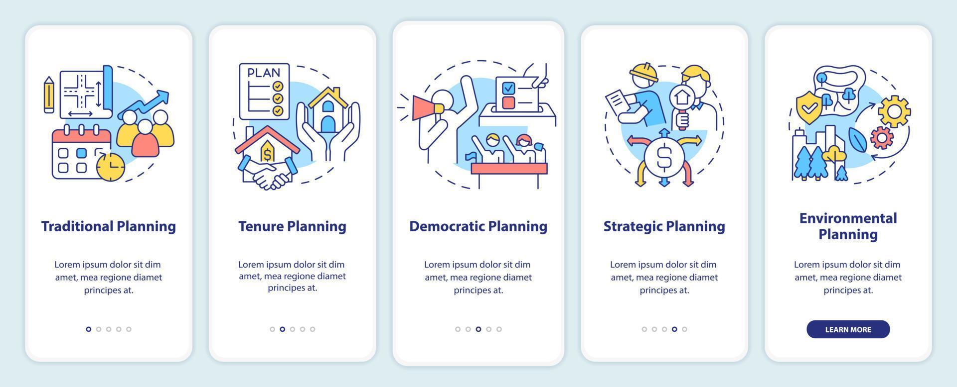 Types of planning onboarding mobile app screen. Tenure planning walkthrough 5 steps graphic instructions pages with linear concepts. UI, UX, GUI template. vector