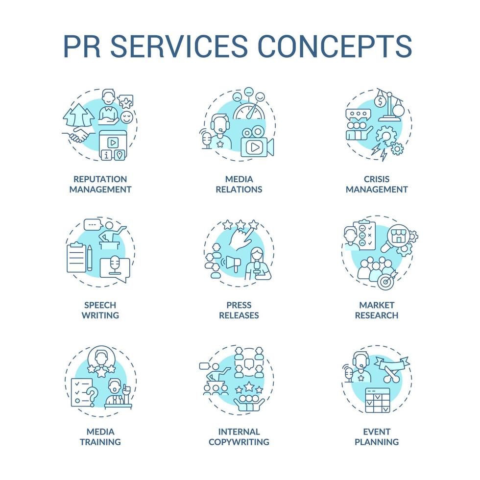 PR services turquoise concept icons set. Promotion of business. Advertising agency idea thin line color illustrations. Isolated symbols. Editable stroke. vector