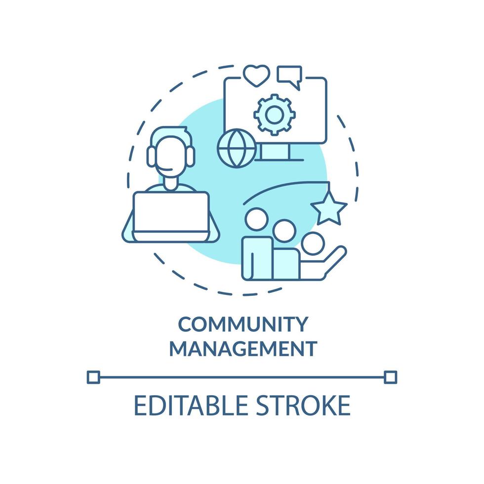 Community management turquoise concept icon. Engaging customers. Types of PR firms abstract idea thin line illustration. Isolated outline drawing. Editable stroke. vector