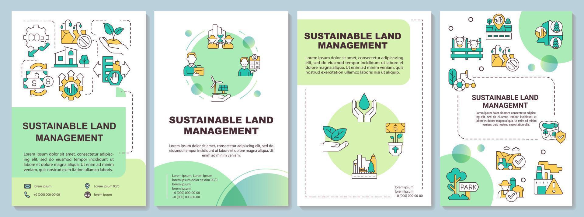 Sustainable land management principles green brochure template. Leaflet design with linear icons. 4 vector layouts for presentation, annual reports.