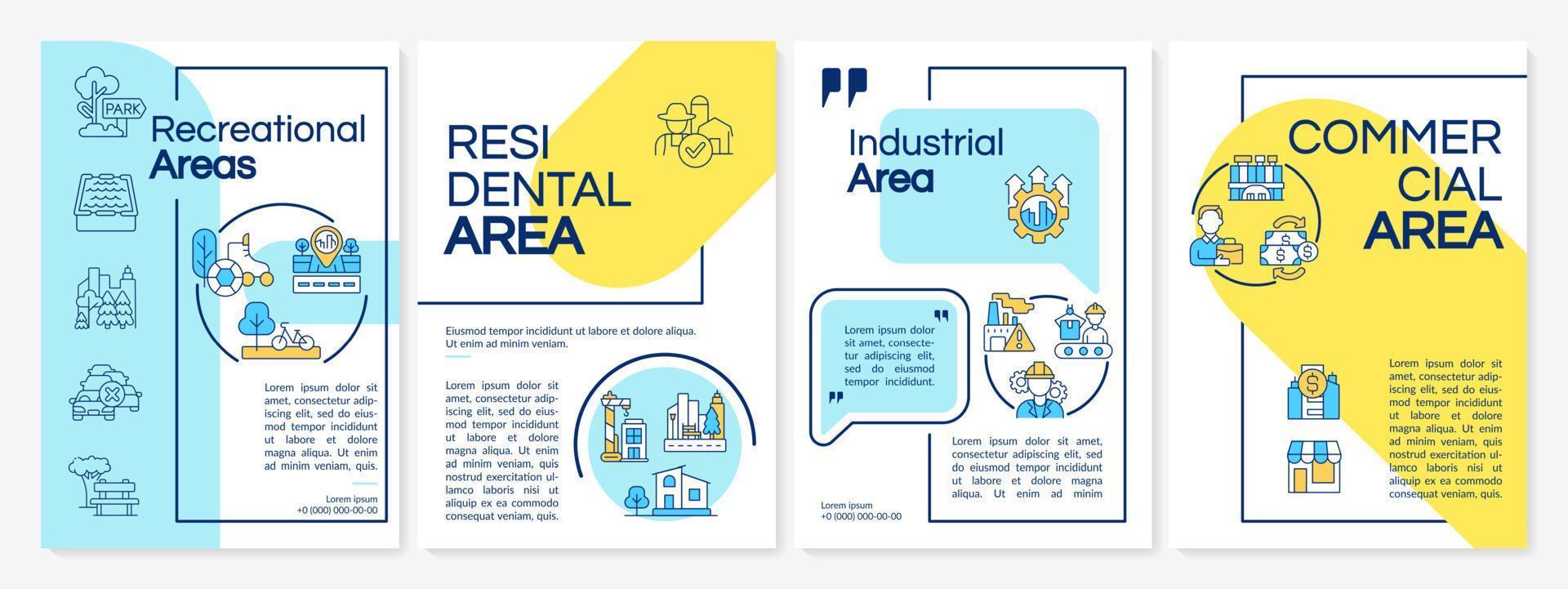 Land use classification blue and yellow brochure template. Commercial areas. Leaflet design with linear icons. 4 vector layouts for presentation, annual reports.