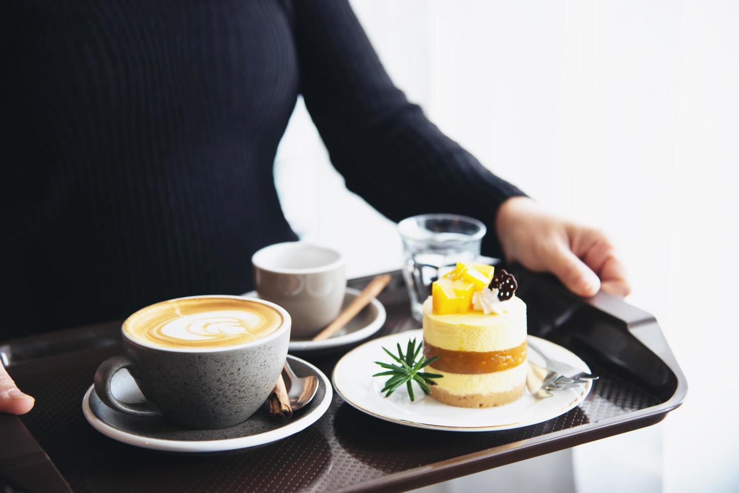 People serve beautiful fresh relax morning coffee cup set - people with coffee set background concept photo