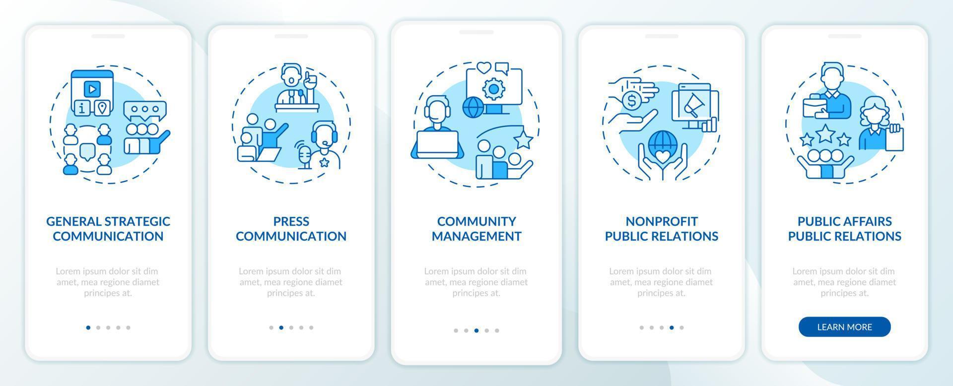 Types of PR firms blue onboarding mobile app screen. Public relations walkthrough 5 steps graphic instructions pages with linear concepts. UI, UX, GUI template. vector