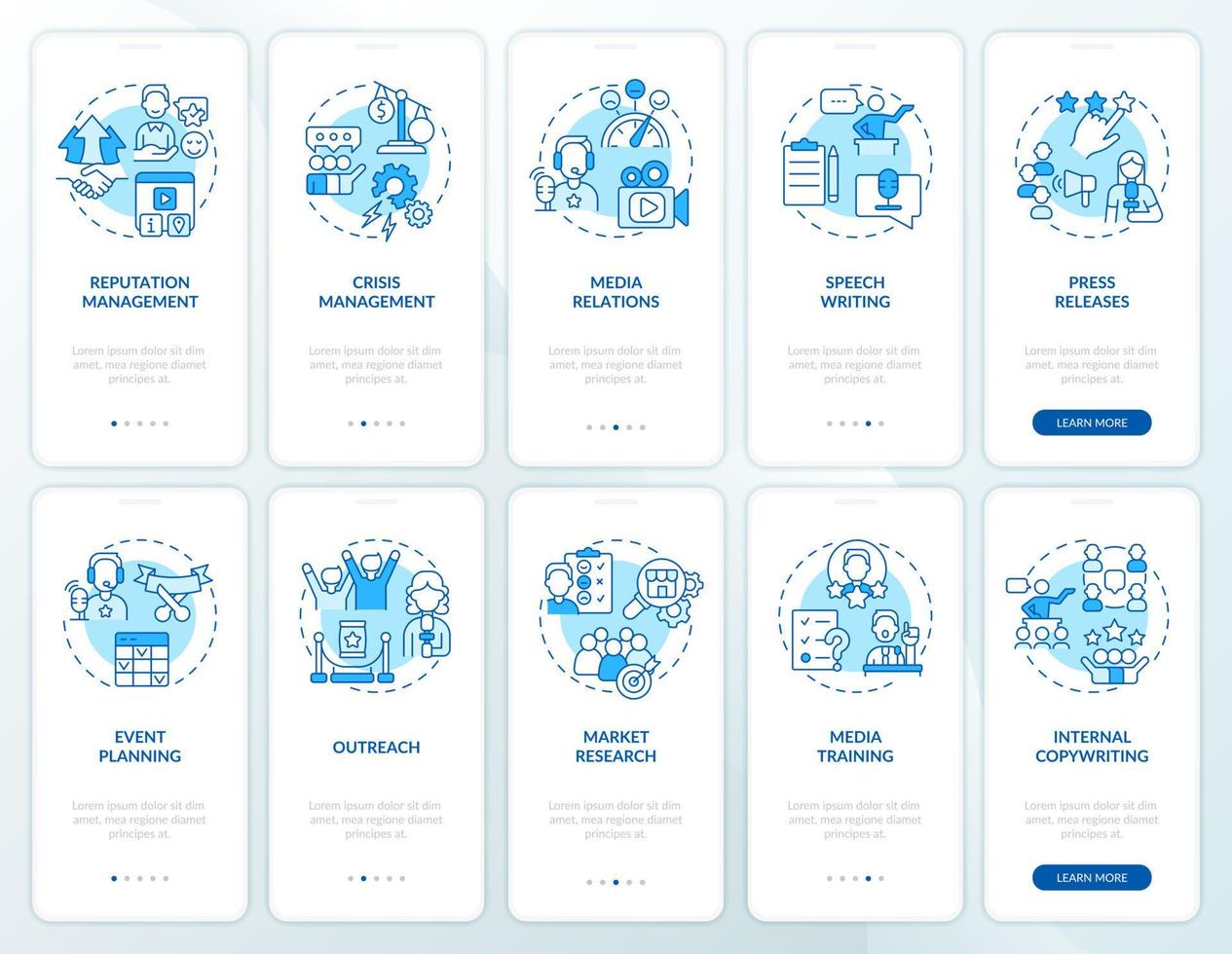 conjunto de pantalla de aplicación móvil de incorporación azul de servicios de relaciones públicas. tutorial de reputación empresarial páginas de instrucciones gráficas de 5 pasos con conceptos lineales. interfaz de usuario, ux, plantilla de interfaz gráfica de usuario. vector