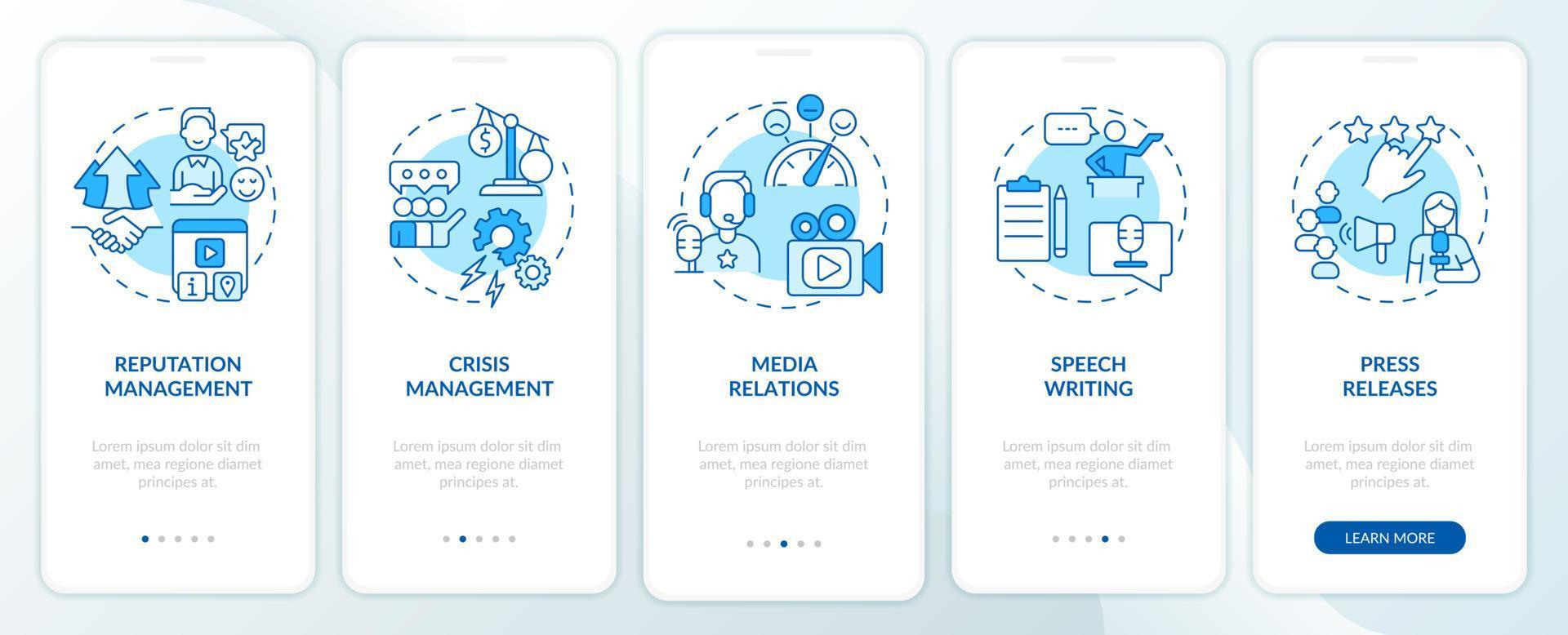 PR services types blue onboarding mobile app screen. Business promotion walkthrough 5 steps graphic instructions pages with linear concepts. UI, UX, GUI template. vector