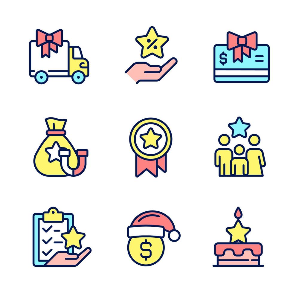Financial compensation pixel perfect RGB color icons set. Discounts, offers. Marketing strategy. Engagement. Isolated vector illustrations. Simple filled line drawings collection. Editable stroke