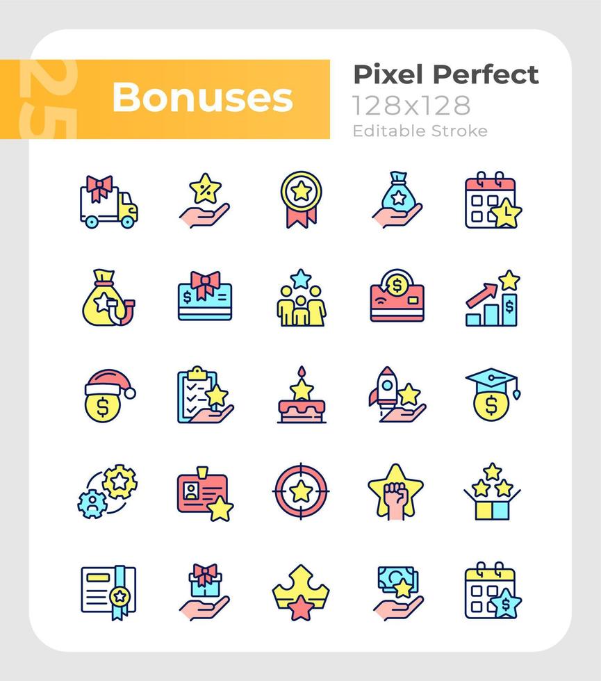 Bonuses pixel perfect RGB color icons set. Special payment. Employee reward. Isolated vector illustrations. Simple filled line drawings collection. Editable stroke.