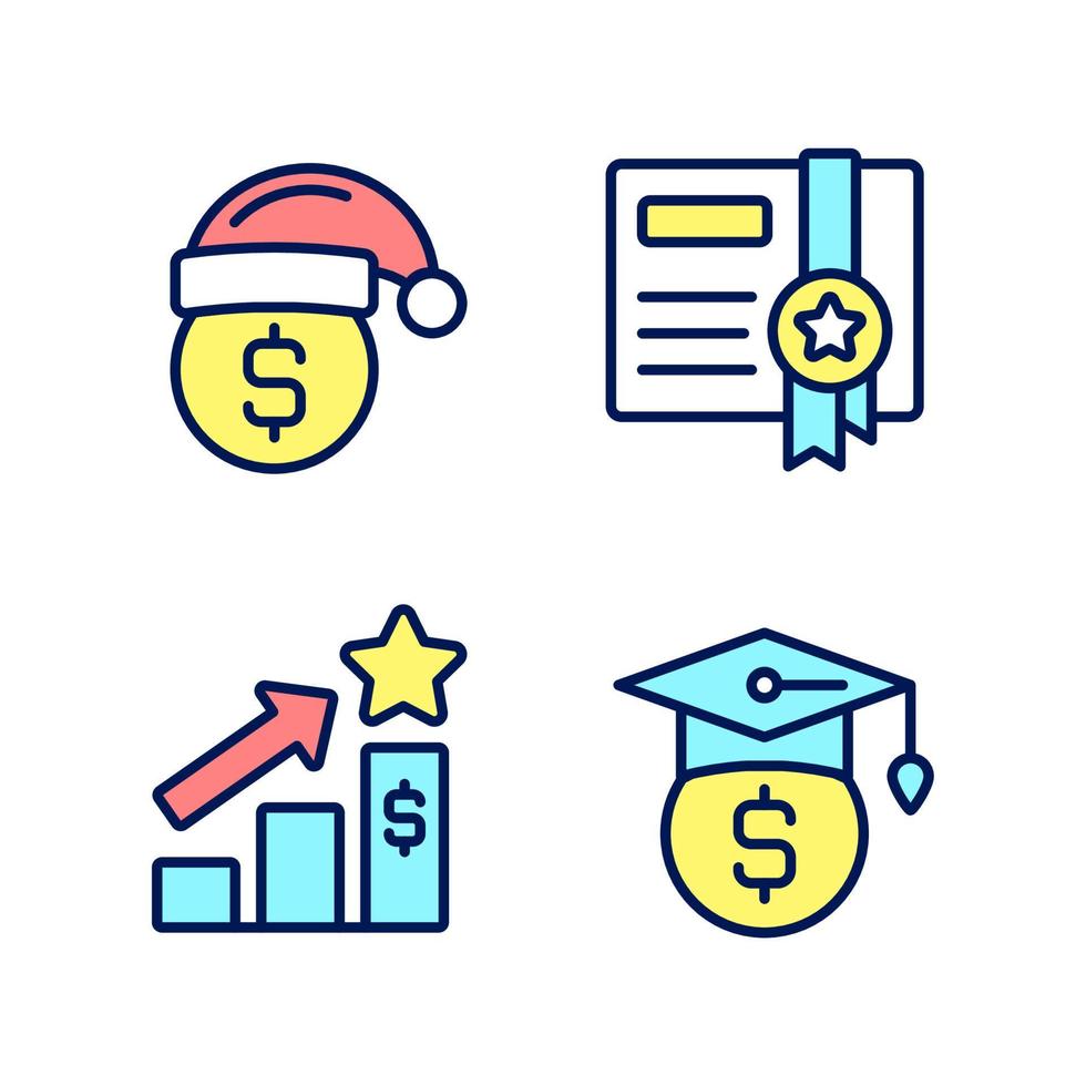 Paying bonuses to employees pixel perfect RGB color icons set. Scholarship. Holiday premium pay. Certificate. Isolated vector illustrations. Simple filled line drawings collection. Editable stroke