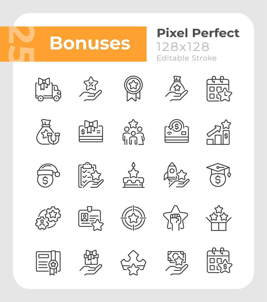 Bonuses pixel perfect linear icons set. Special payment. Employee reward. Customizable thin line symbols. Isolated vector outline illustrations. Editable stroke.