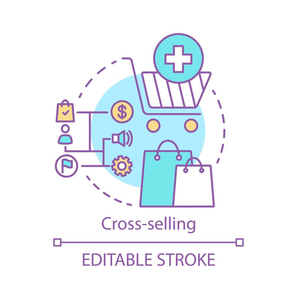 Cross-selling concept icon. Sale method idea thin line illustration. Selling related products or service. Customer relationship management. CRM system. Vector isolated outline drawing. Editable stroke