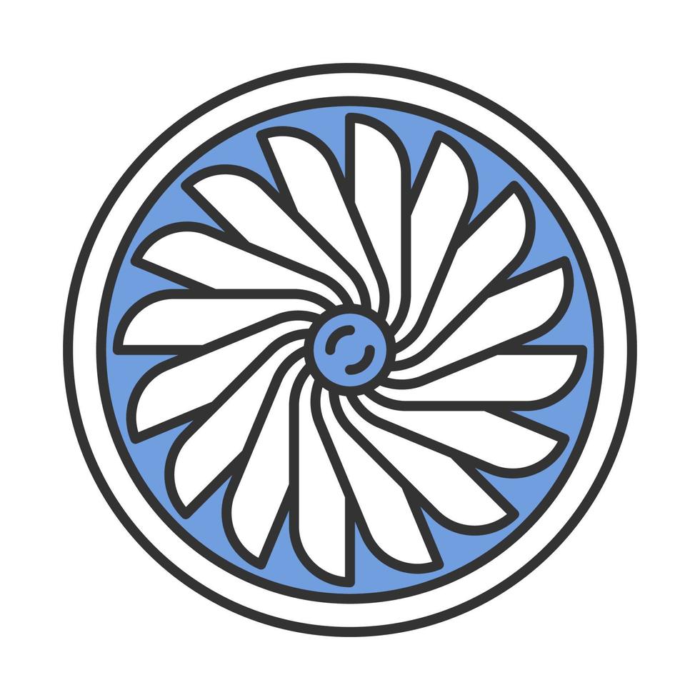 Plane turbine color icon. Airplane equipment. Jet propeller. Aeroengine. Aviation service. Aircraft travel. Motor running. Aviation part. Airliner journey. Isolated vector illustration