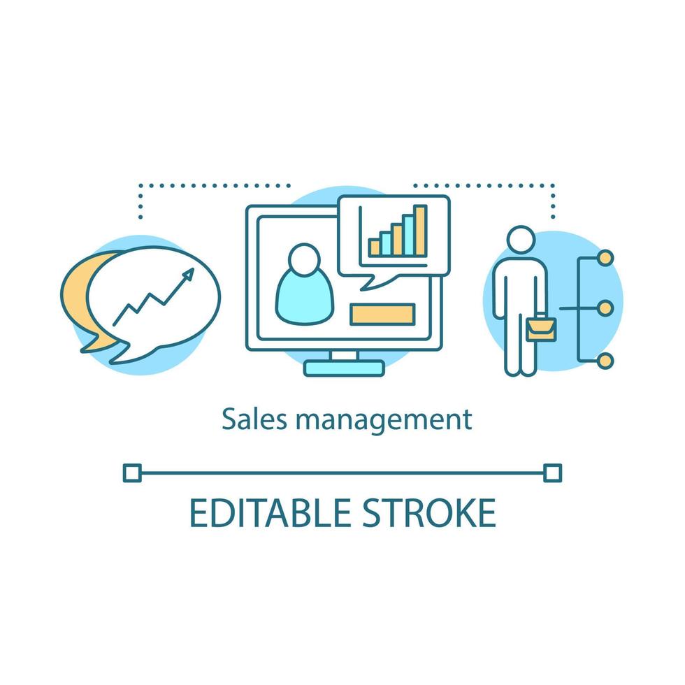 icono del concepto de gestión de ventas. ilustración de línea delgada de idea de sistema crm. administración de Empresas. plan estrategico de mercadeo. crecimiento financiero dibujo de contorno aislado vectorial. trazo editable vector