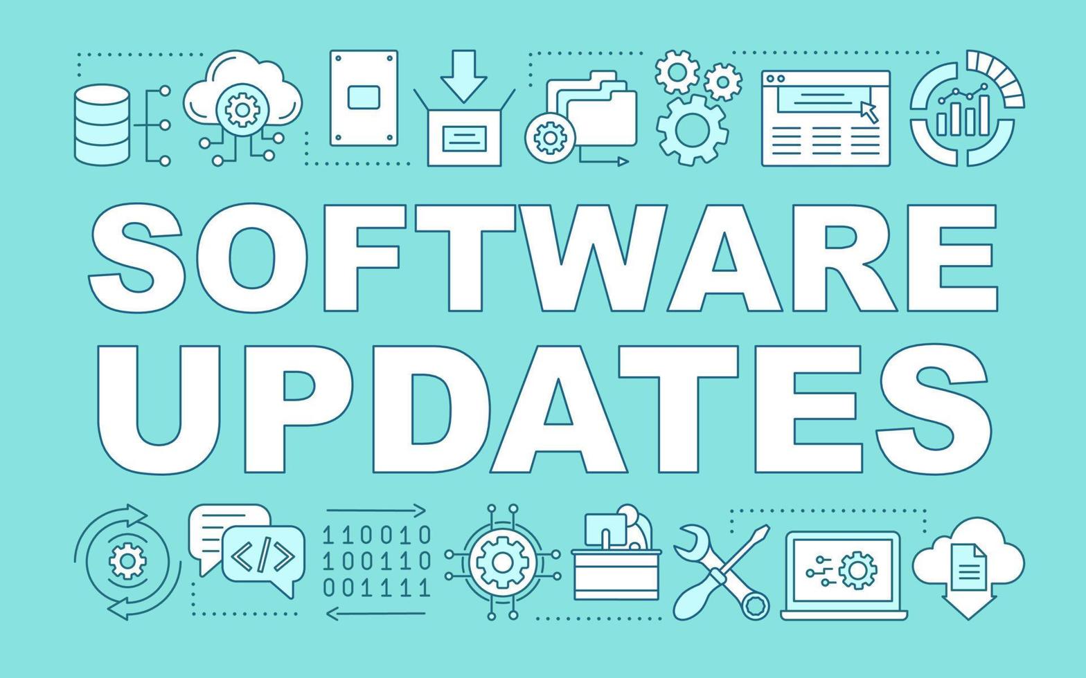 Software updates word concepts banner. Computer programs. CRM system software programming. Presentation, website. Isolated lettering typography idea with linear icons. Vector outline illustration