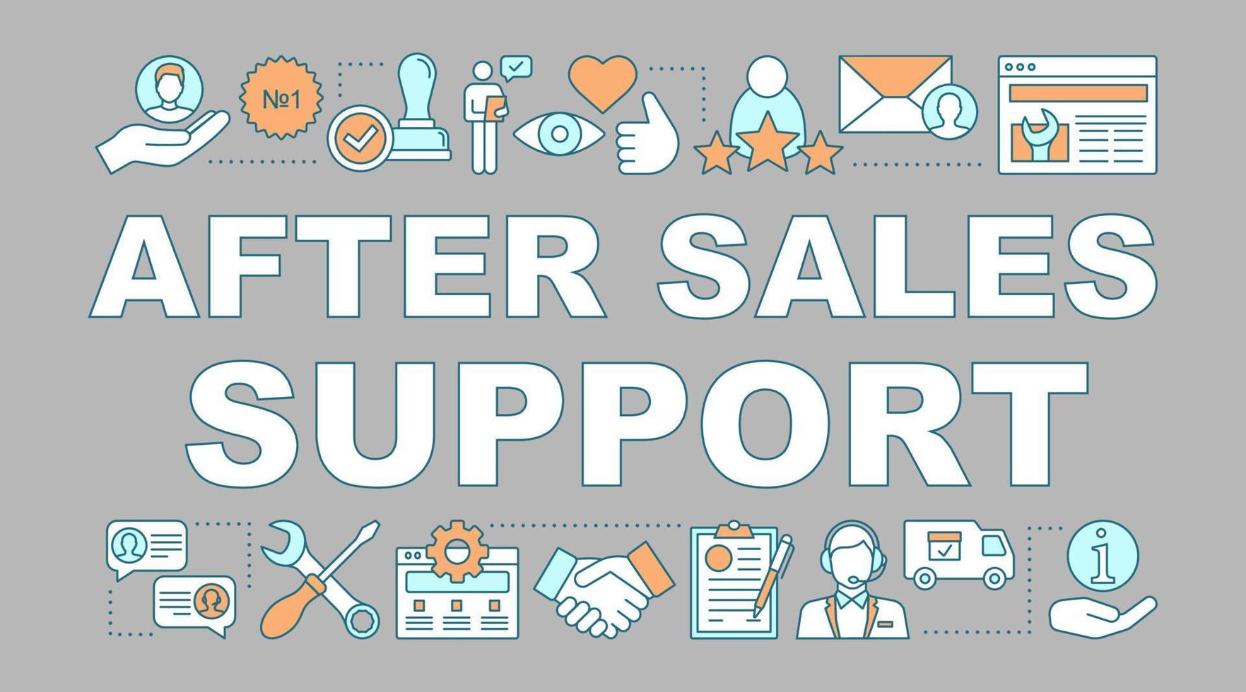 After sales support word concepts banner. Help desk service. Product guarantee. Call center. Presentation, website. Isolated lettering typography idea with linear icons. Vector outline illustration