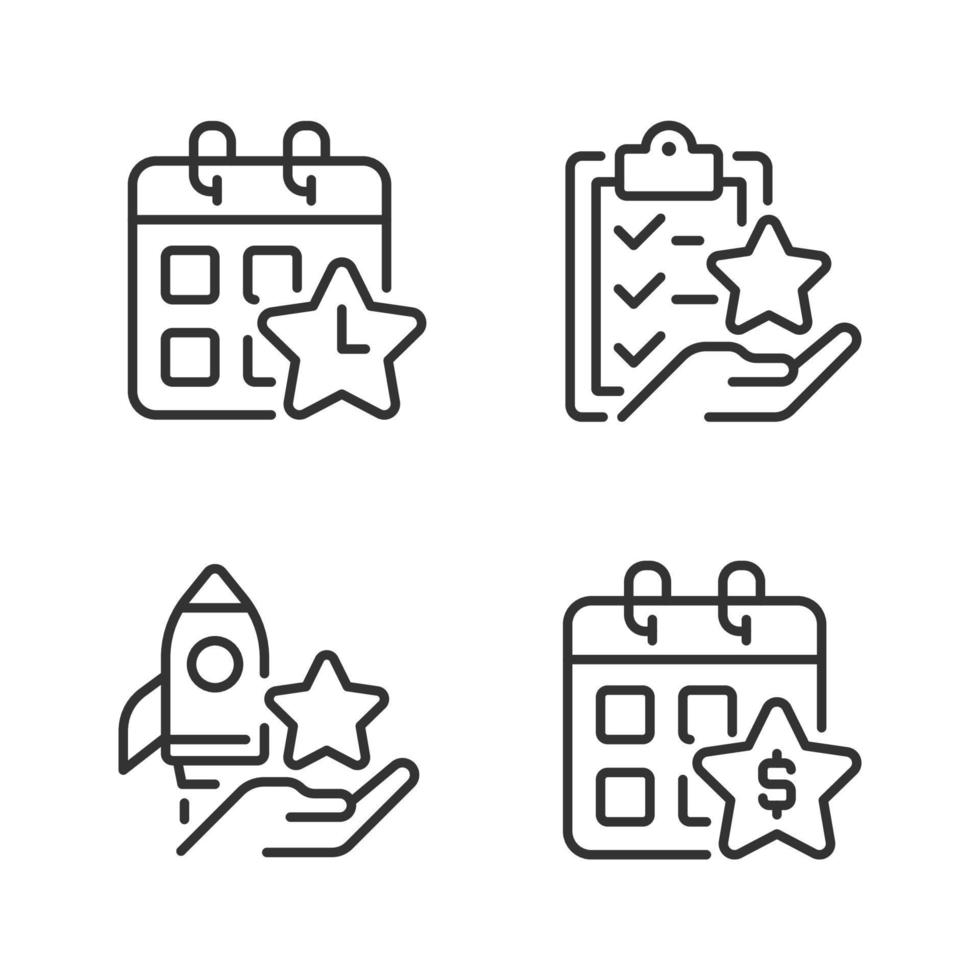 Employee bonus program pixel perfect linear icons set. Workplace incentive and retention. Time off reward. Customizable thin line symbols. Isolated vector outline illustrations. Editable stroke