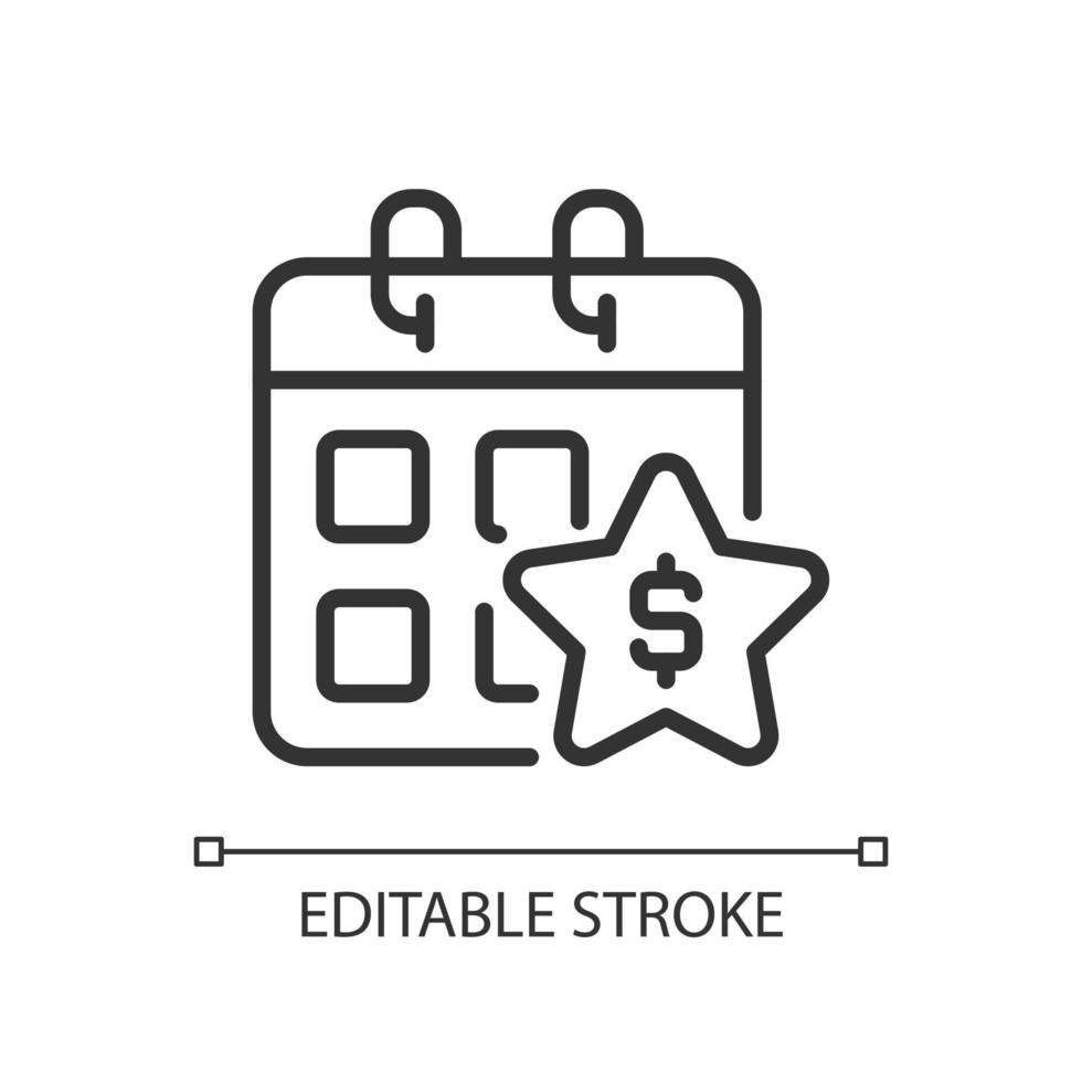 Annual bonus pixel perfect linear icon. Boosting employee engagement. Extra money to regular paycheck. Thin line illustration. Contour symbol. Vector outline drawing. Editable stroke.