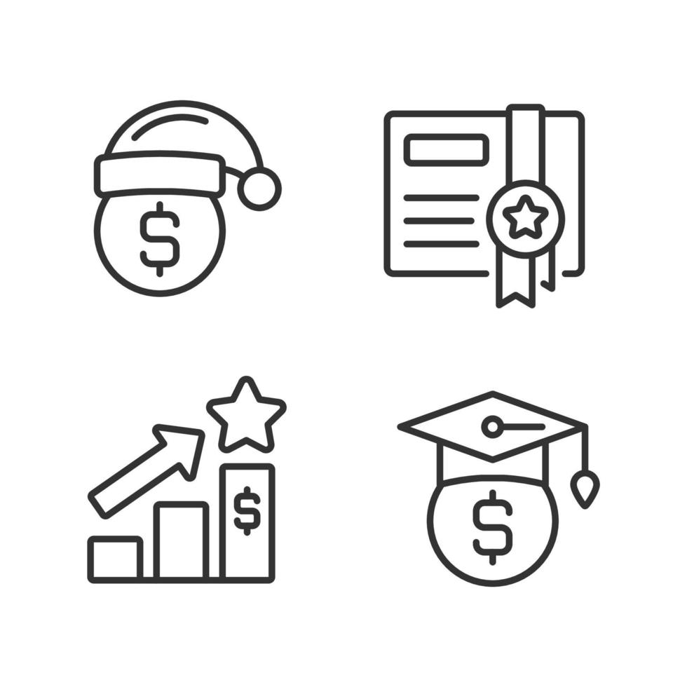 Paying bonuses to employees pixel perfect linear icons set. Scholarship. Holiday premium pay. Certificate. Customizable thin line symbols. Isolated vector outline illustrations. Editable stroke