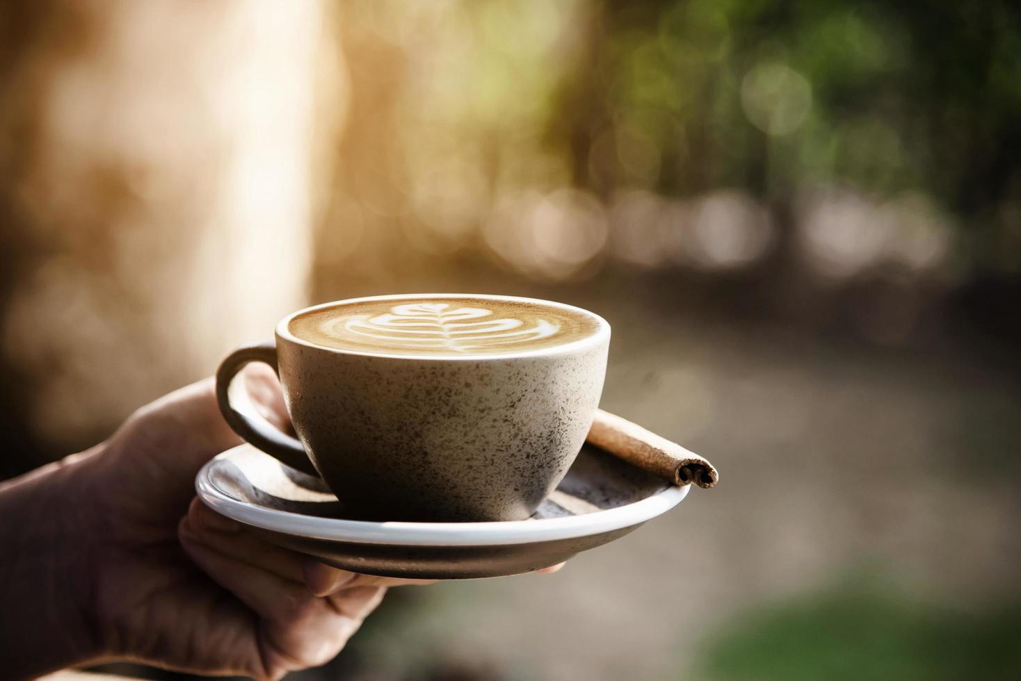 People serve beautiful fresh relax morning coffee cup set - people with coffee set background concept photo