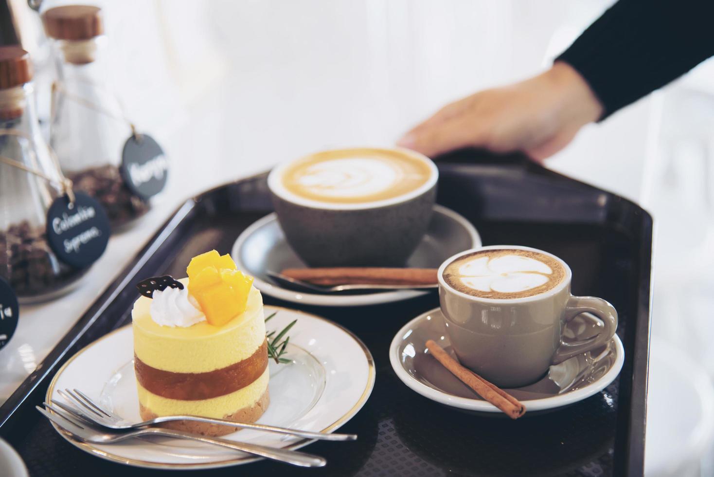 People serve beautiful fresh relax morning coffee cup set - people with coffee set background concept photo