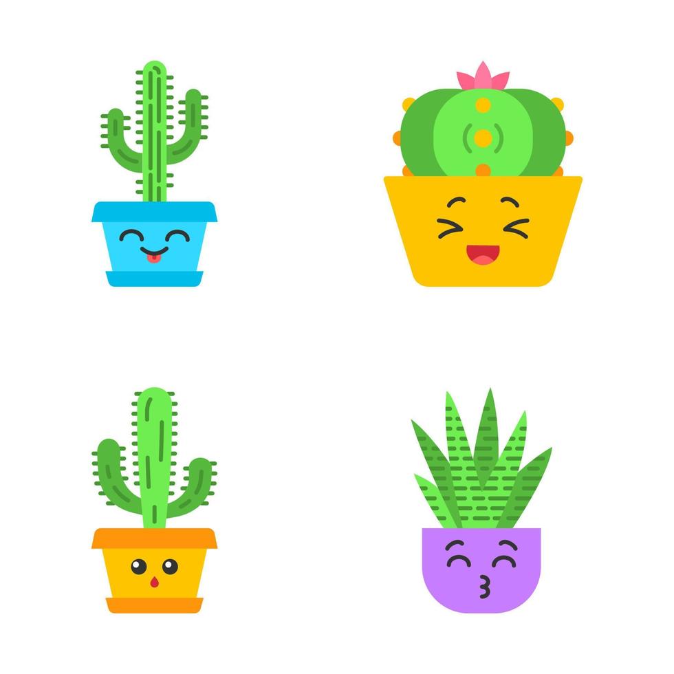 conjunto de iconos de color de sombra larga de diseño plano de cactus. riendo saguaro y cactus peyote. besando cactus cebra. silenciado cactus elefante. jardín Botánico. plantas suculentas. Ilustraciones de silueta vector