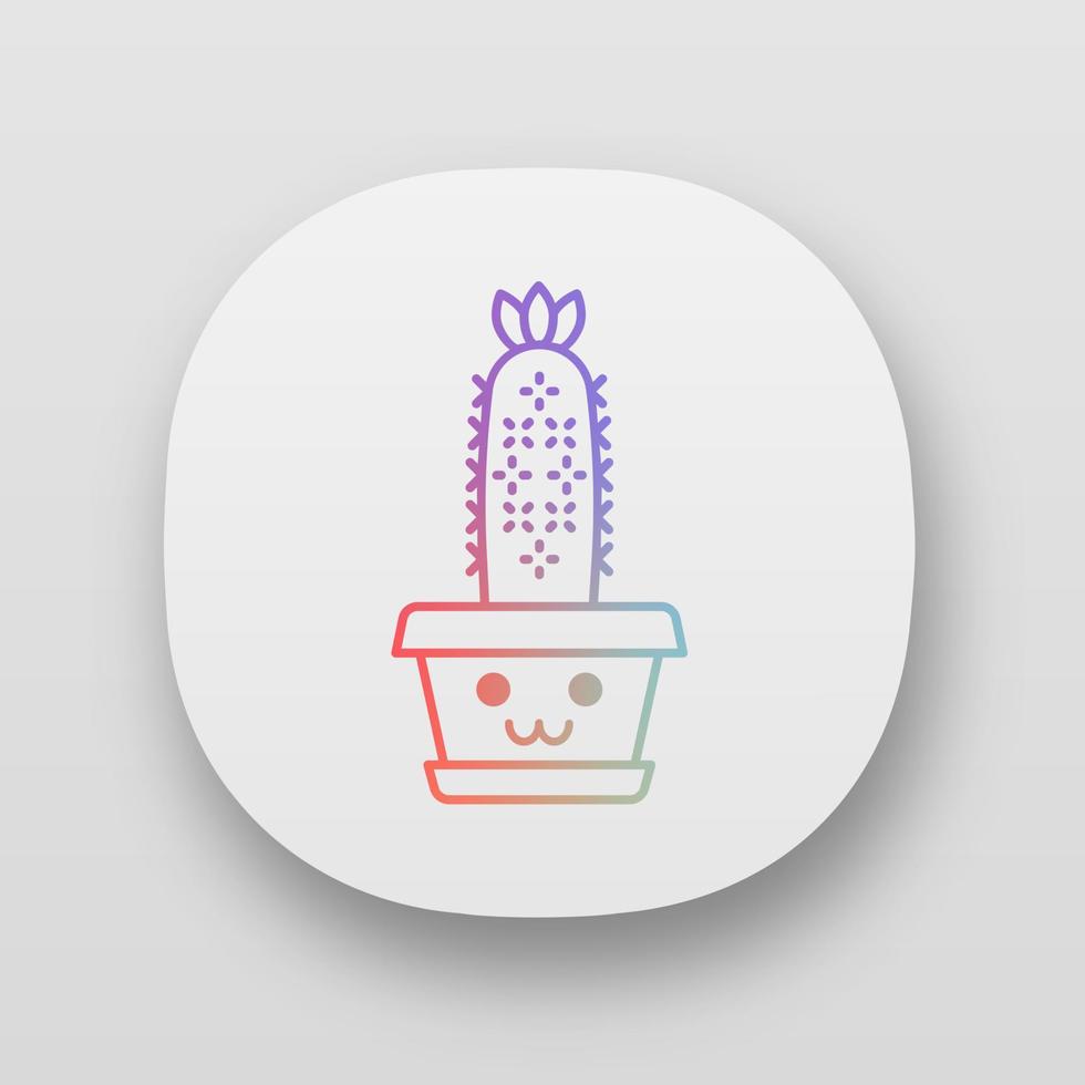Hedgehog cactus app icon. Cactus with smiling face. Echinopsis with flower. Home cacti. Happy plant in pot. UI UX user interface. Web or mobile applications. Vector isolated illustrations