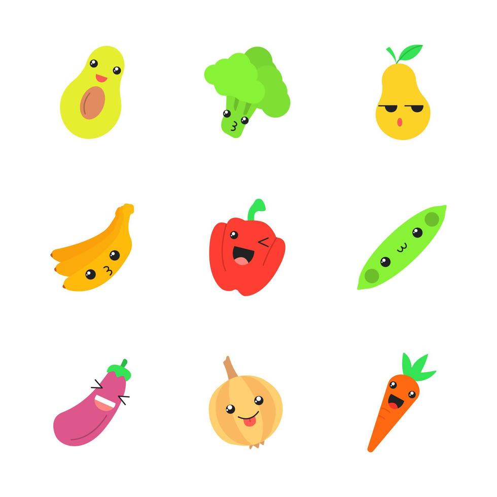 Vegetables and fruits cute kawaii flat design long shadow characters set. Avocado, broccoli, paprika, banana, eggplant with smiling face. Funny emoji, emoticon. Vector isolated silhouette illustration