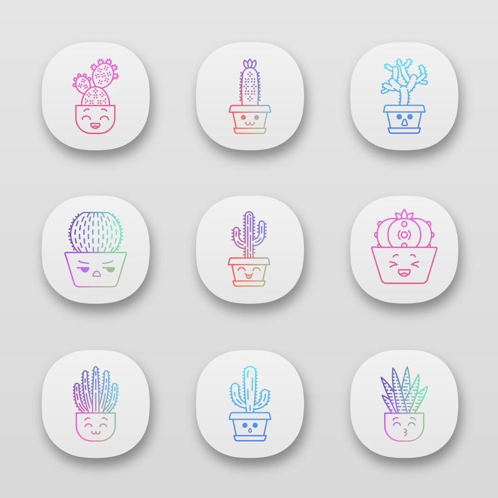 Cactuses app icons set. Plants with smiling faces. Laughing Saguaro and peyote cactus. Kissing zebra cacti in pot. UI UX user interface. Web or mobile applications. Vector isolated illustrations