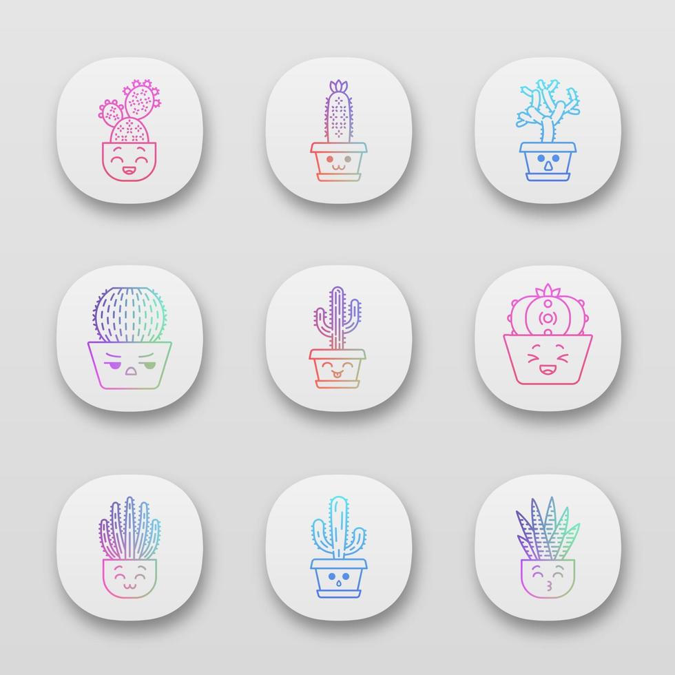 conjunto de iconos de aplicación de cactus. plantas con caras sonrientes. riendo saguaro y cactus peyote. besando cactus cebra en maceta. interfaz de usuario ui ux. aplicaciones web o móviles. Ilustraciones de vectores aislados