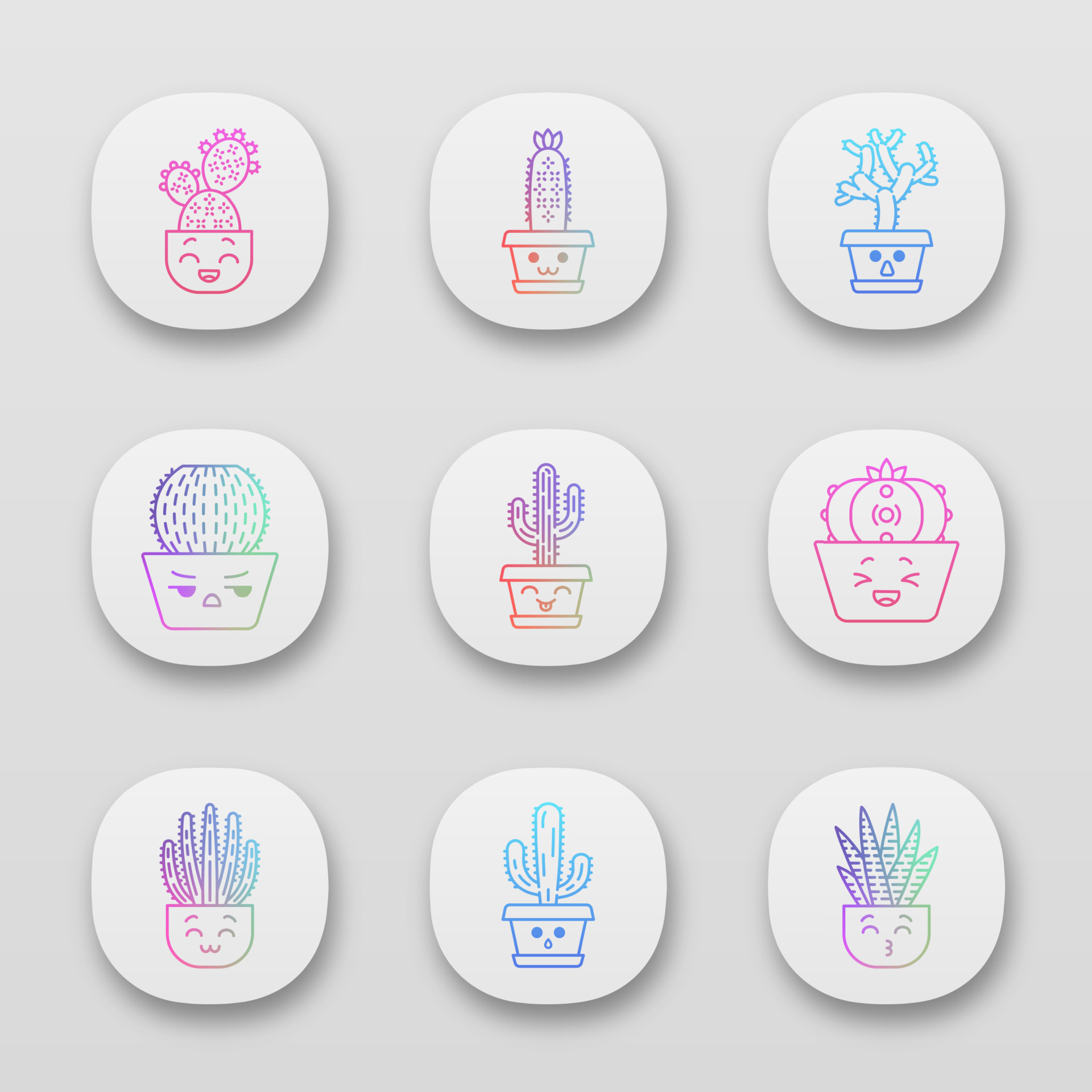 Cactuses app icons set. Plants with smiling faces. Laughing Saguaro and