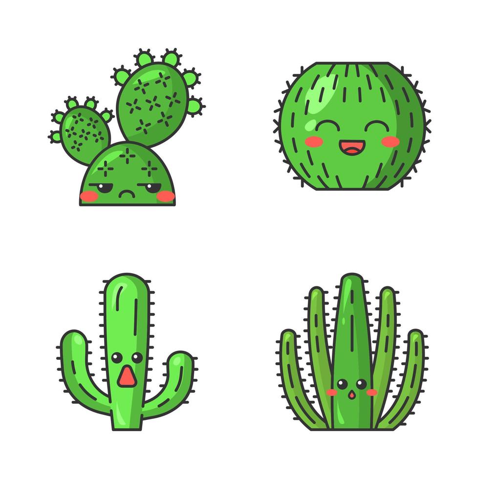 Cactuses cute kawaii vector characters. Laughing barrel cactus. Hushed organ pipe. Astonished elephant cactus. Wild cacti. Funny emoji, emoticon set. Isolated cartoon color illustration