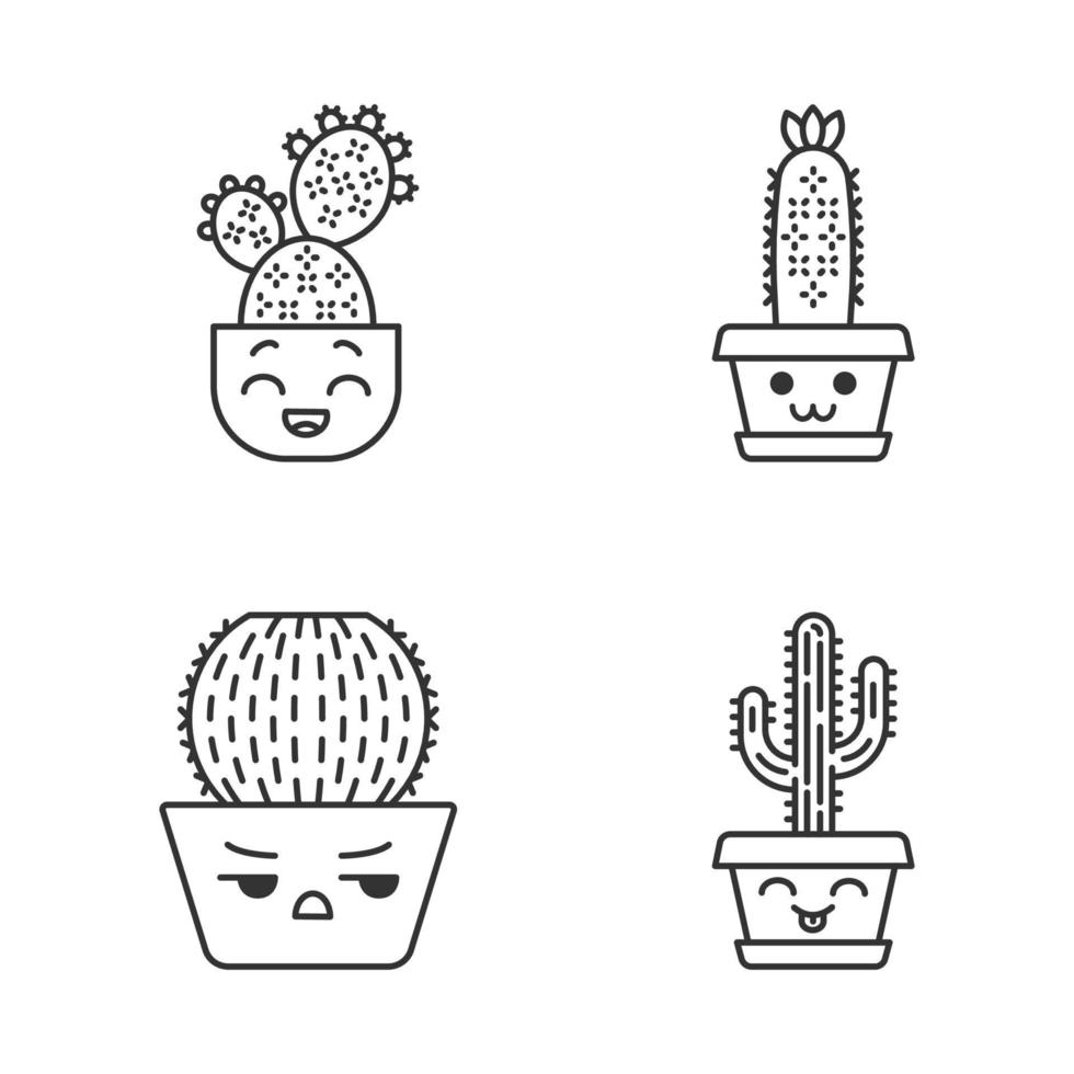 Cactuses cute kawaii linear characters. Plants with smiling faces. Laughing Saguaro. Happy hedgehog cactus. Home cacti in pot. Thin line icon set. Vector isolated outline illustration. Editable stroke