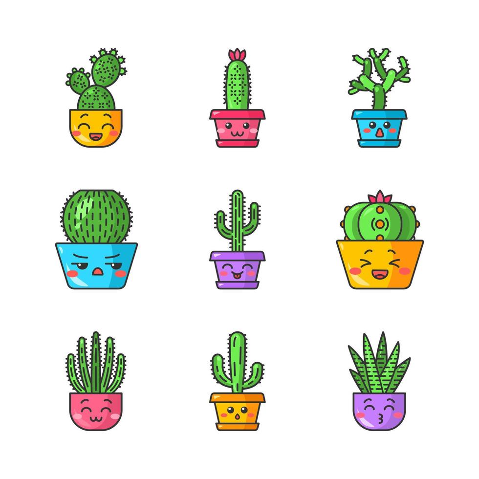 cactus lindos personajes vectoriales kawaii. plantas con caras sonrientes. saguaro riendo, cactus peyote. besando cactus cebra en macetas. emoji divertido, juego de emoticonos. ilustración de color de dibujos animados aislados vector