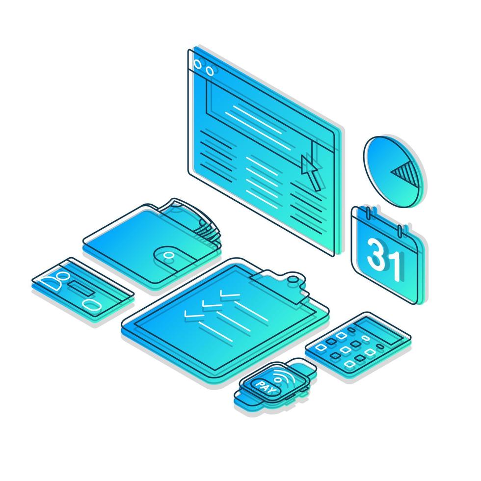 Ilustración de vector de color isométrico de banca en línea. infografía de iconos lineales de gestión financiera. concepto 3d de pago digital. elementos de diseño aislados de gradiente azul de facturación electrónica sobre fondo blanco