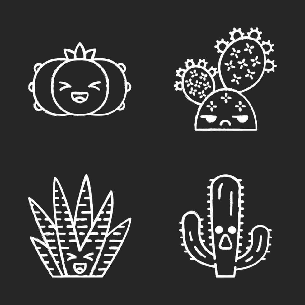 conjunto de iconos de tiza de cactus. plantas con caras sonrientes. peyote risueño y cactus cebra. cactus silvestres de tuna sin gracia. jardín Botánico. plantas suculentas. Ilustraciones de vector pizarra