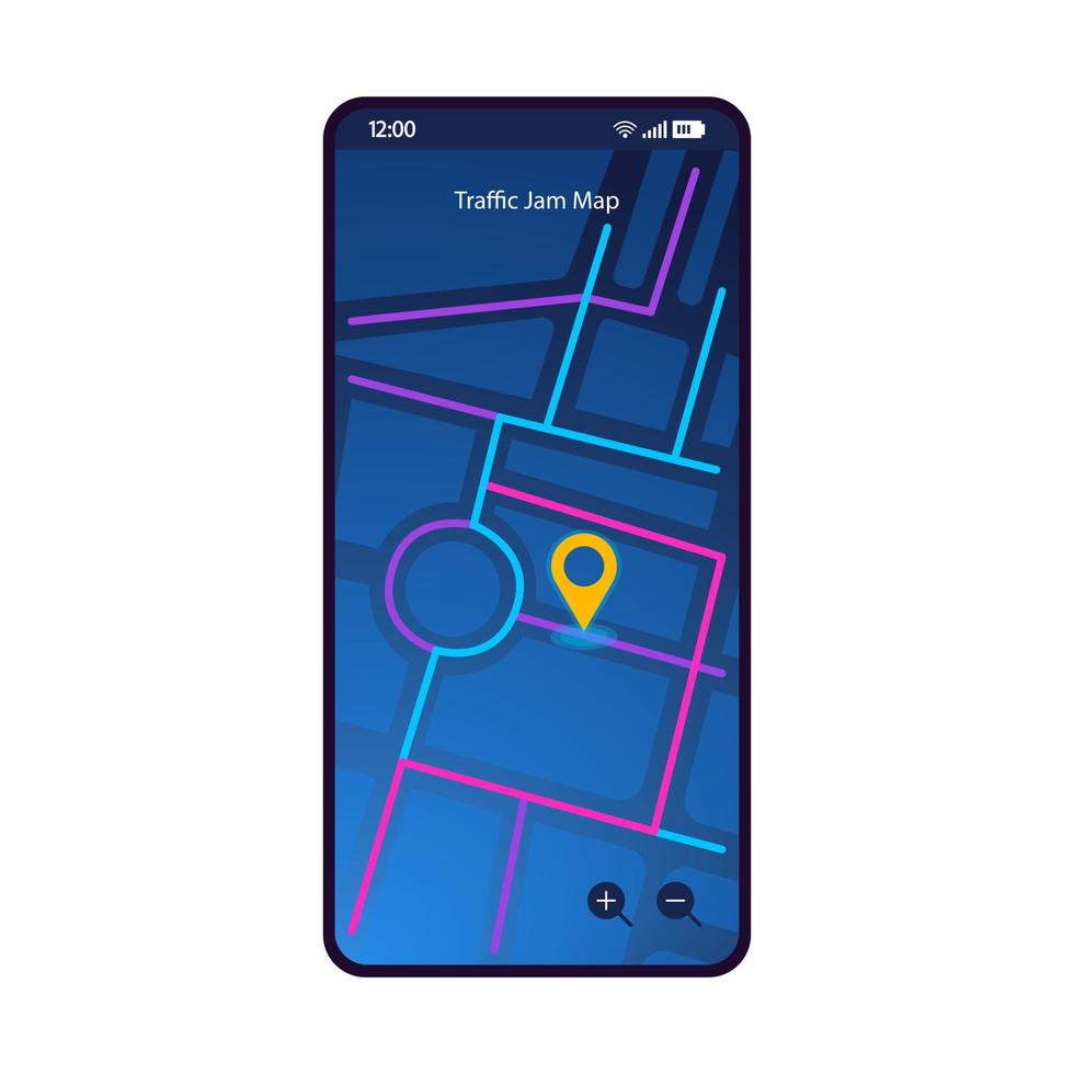 Traffic jam map smartphone interface vector template. Mobile app page dark blue design layout. GPS driving directions navigation screen. Flat UI for application. Traffic congestion map. Phone display