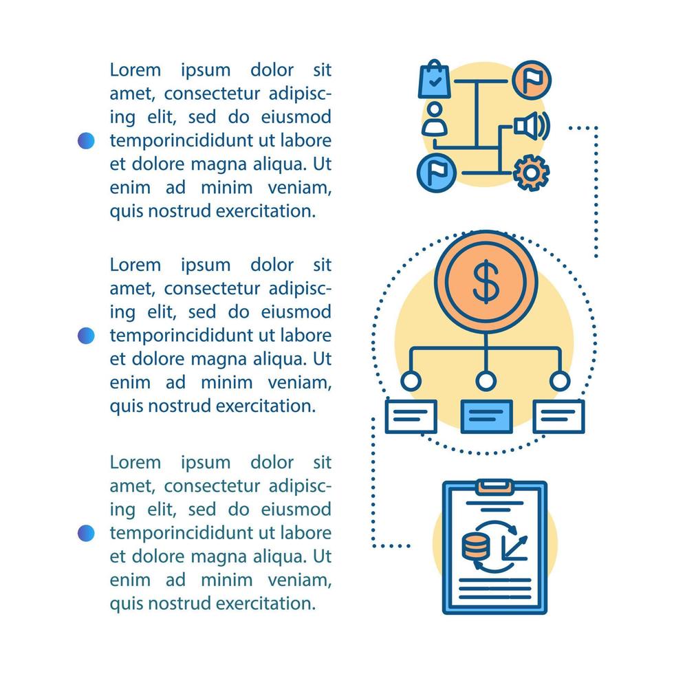 plantilla de vector de página de artículo de plan de negocios. gestión de inversiones. folleto, revista, elemento de diseño de folleto con iconos lineales y cuadros de texto. diseño de impresión. ilustraciones conceptuales con espacio de texto