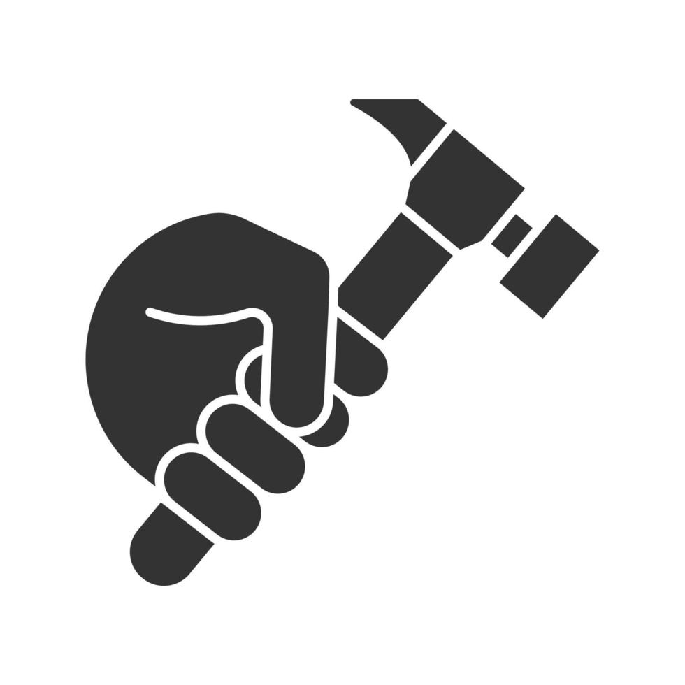 Hand holding hammer glyph icon. Silhouette symbol. Repairman, carpenter. Negative space. Vector isolated illustration