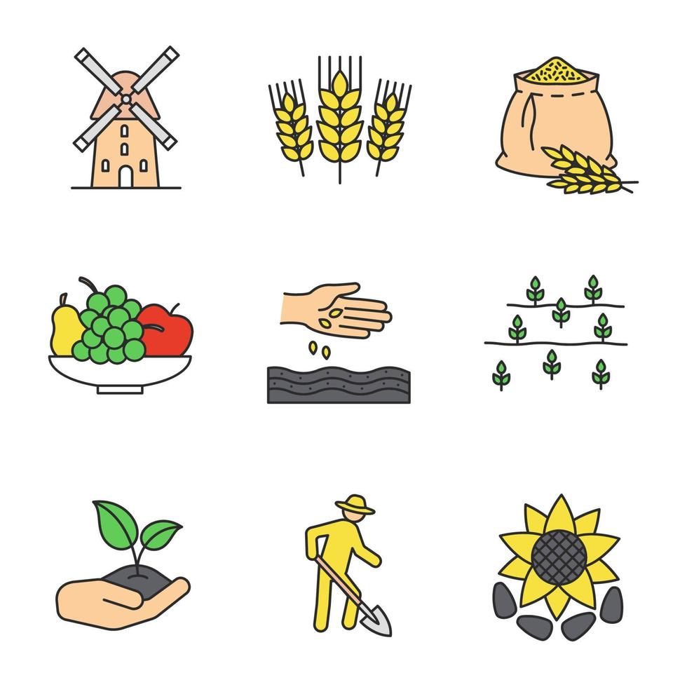 conjunto de iconos de colores de agricultura. agricultura. molino de viento, espigas de trigo, bolsa de harina, frutas, siembra, campo, cabeza de girasol, agricultor trabajador, brote en la mano. ilustraciones de vectores aislados