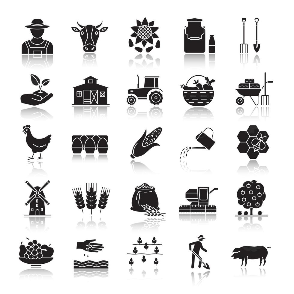 Agriculture drop shadow black glyph icons set. Farming. Agricultural implement. Isolated vector illustrations