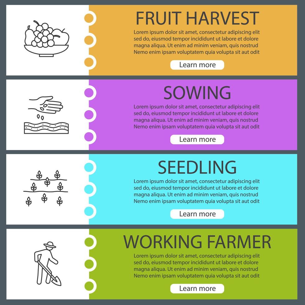 Agriculture web banner templates set. Bowl with fruits, sowing, seedling, working farmer. Website color menu items with linear icons. Vector headers design concepts